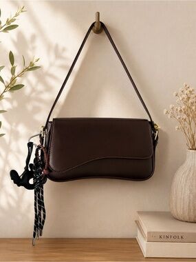 Women's Dark Brown Leather Shoulder Bag with Curved Flap